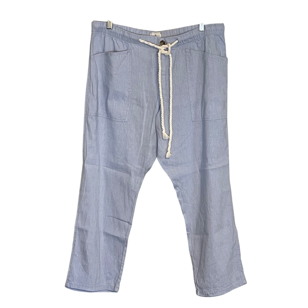 Lou & Grey Light Blue Linen Blend Rope Drawstring Pants Large Beachy Coastal